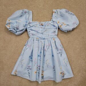 Self-Portrait Pastel Blue Floral watercolor Puff Sleeve Cottagecore size 4 Dress